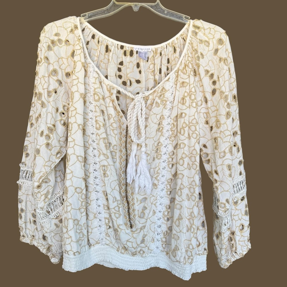 Venus Blouse Womens XL White Embroidered Beaded Crochet Boho Peasant Tunic Top